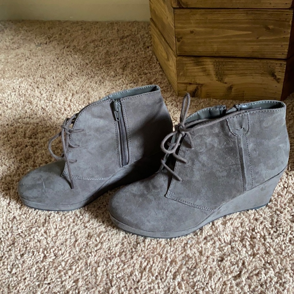 Gray zip up wedge booties